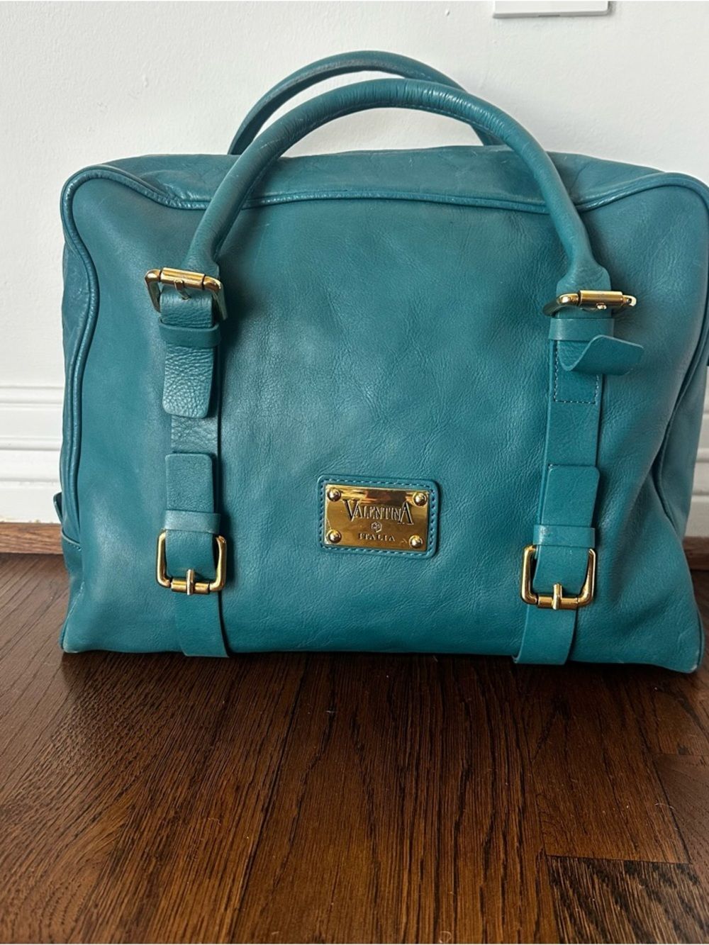 Valentina Italy Teal Leather Satchel Gold-Plated Accents | Made in Italy Bag - Picture 1 of 16